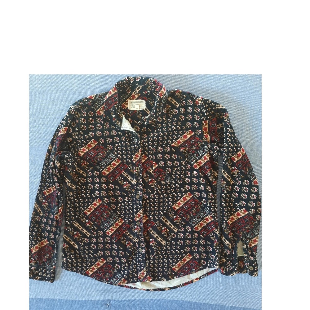 Current/Elliott Womens Corduroy Button Down Shirt Floral Boho Navy Multi Size 1
